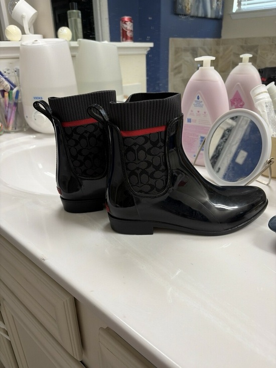 Coach Shoes - Coach Black Patent Rain Ankle Booties with Red Trim